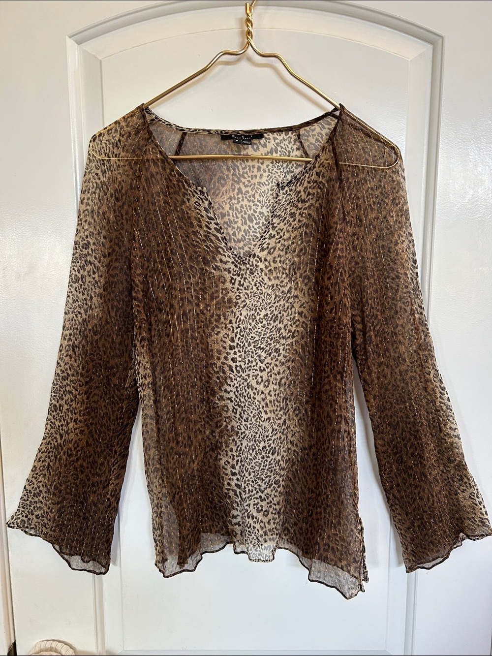 ECI Brown Leopard Print Sheer V-Neck Blouse